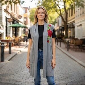 Chic Embroidered Red Roses Sleeveless Cardigan – 100% Rayon